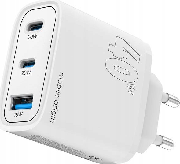 Karikues muri Mobile Origin MO13 GaN, 40W, 1x USB A 2x USB C, i bardhë