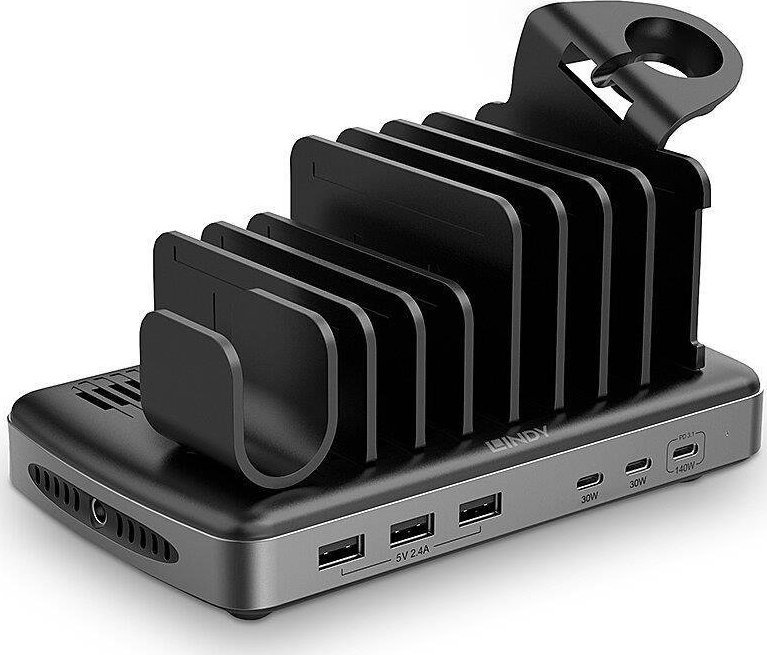 Stacion karikimi USB Lindy 73436, 6 porta, 140W, i zi gri