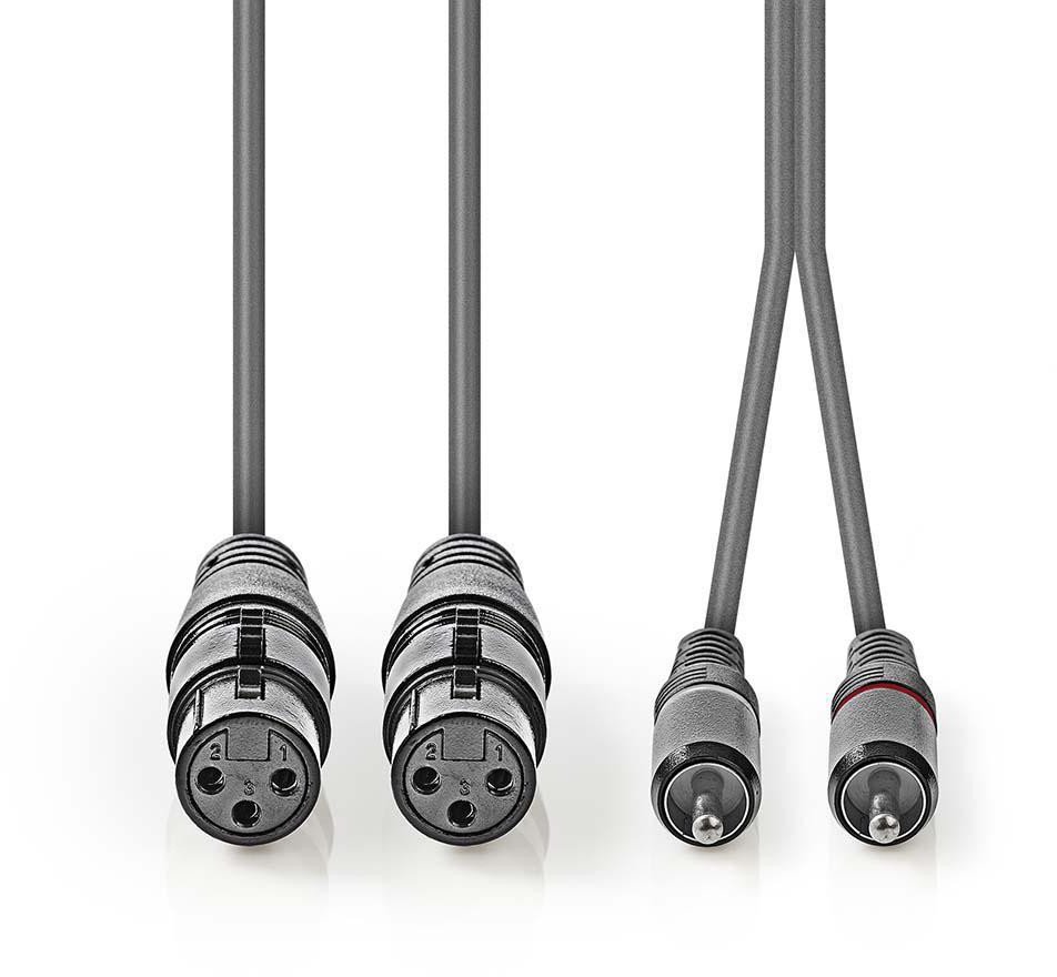 Kabllo audio Nedis OnStage, 2x XLR 3 pin femër në 2x RCA mashkull, 1.5 m, gri