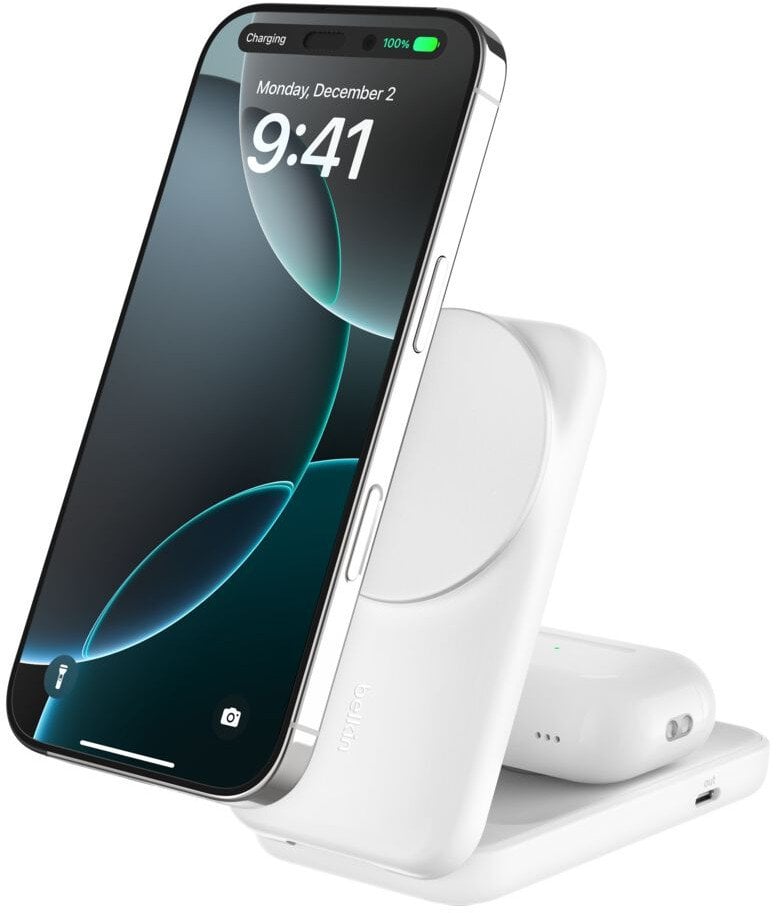 Karikues wireless Belkin UltraCharge 2 in 1 Qi2, 25W, me portë USB C, i bardhë