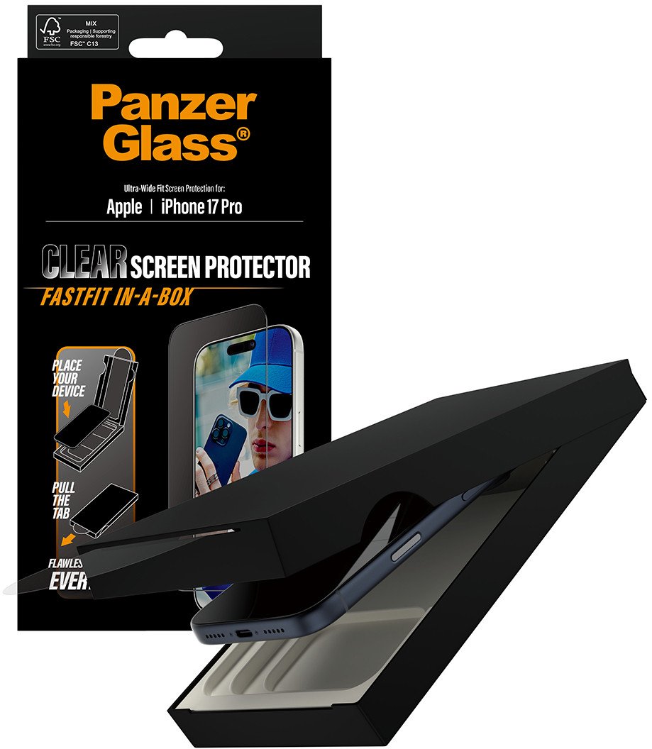 Mbrojtëse ekrani PanzerGlass për iPhone 17 Pro, Ultra-Wide Fit, FASTFIT in-a-BOX, transparente
