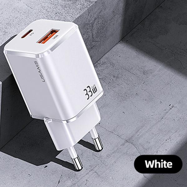 Karikues muror Usams T43 US-CC144, 33W, 1x USB A 1x USB C, i bardhë