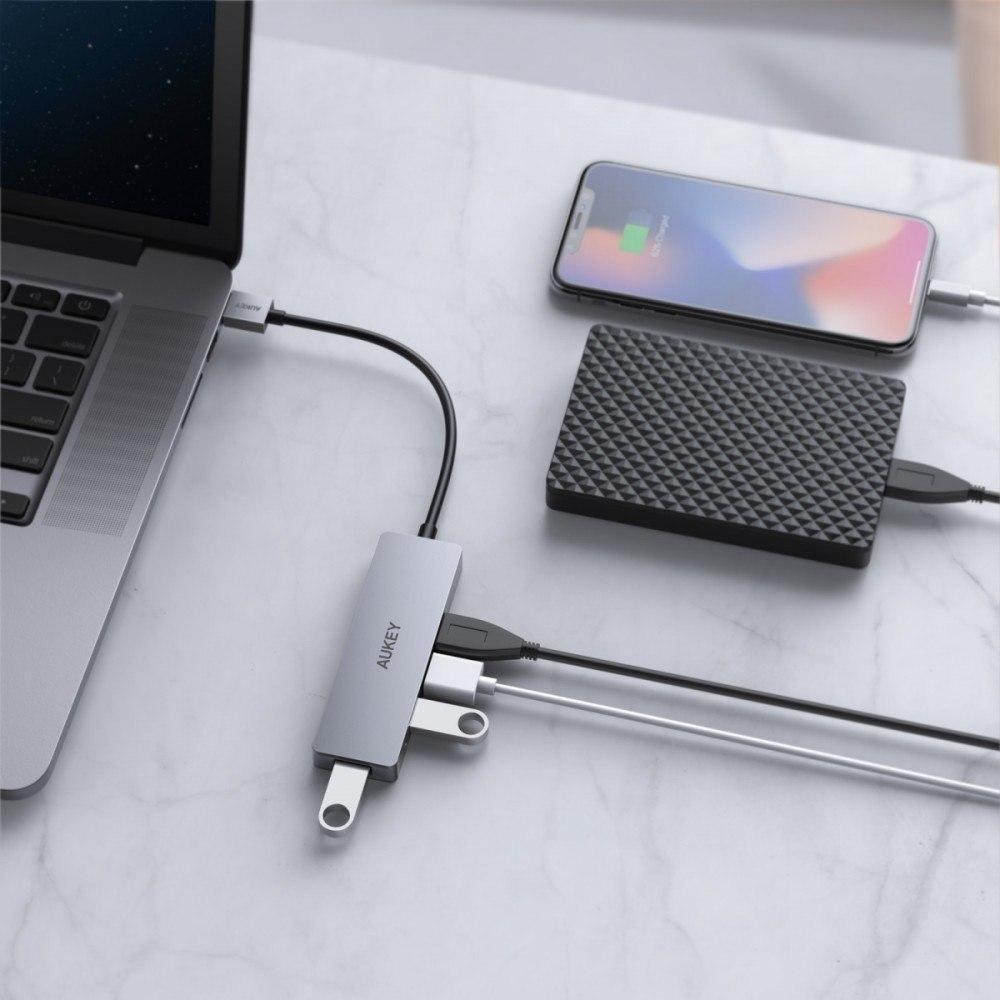Hub USB Aukey CB-H3, 4 porte, 5 Gbps, argjendtë
