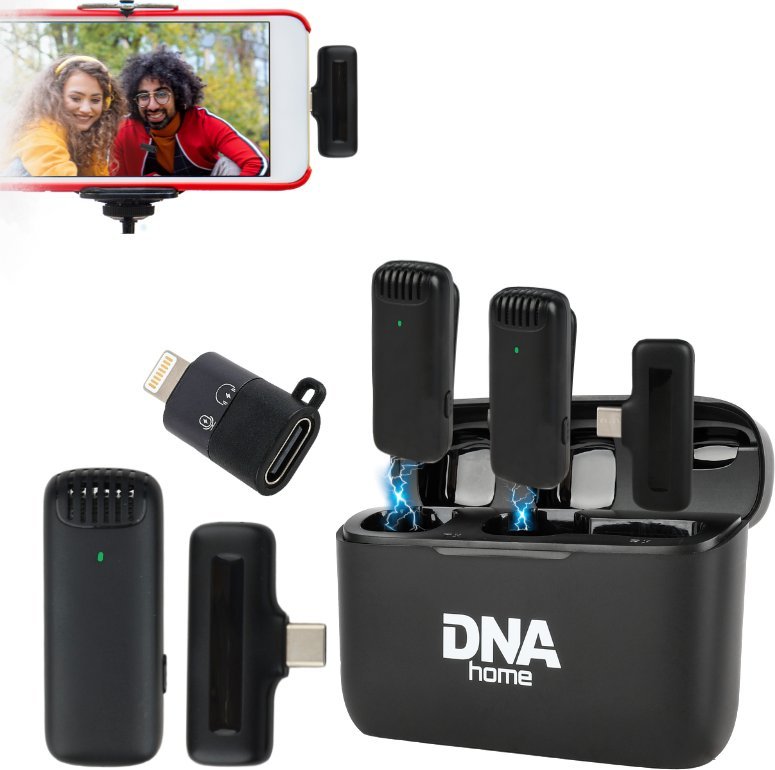 Set mikrofonësh pa tela DNA ICM1, për smartphone, Bluetooth 5.2, me USB C dhe Lightning, i zi