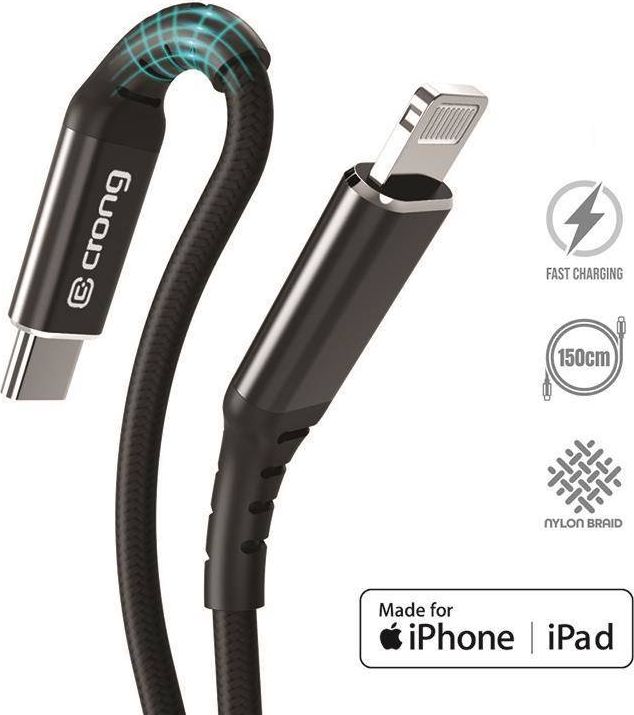 Kabllo USB Crong USB C në Lightning, 1.5 m, e zezë