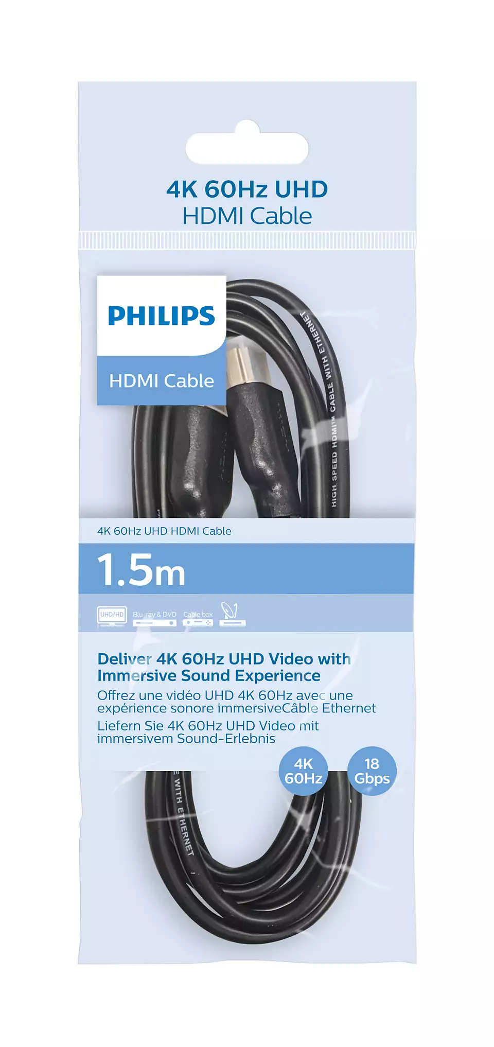 Kabllo HDMI Philips SWV5510/00, 1.5m, 4K, me ethernet, e zezë