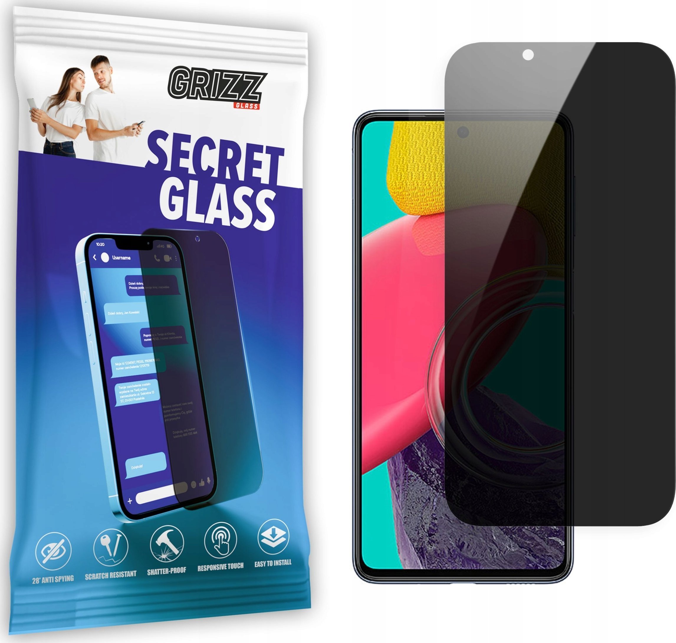 Mbrojtës ekrani Grizz SecretGlass për Samsung Galaxy M53, xham hibrid, privatësi, transparent