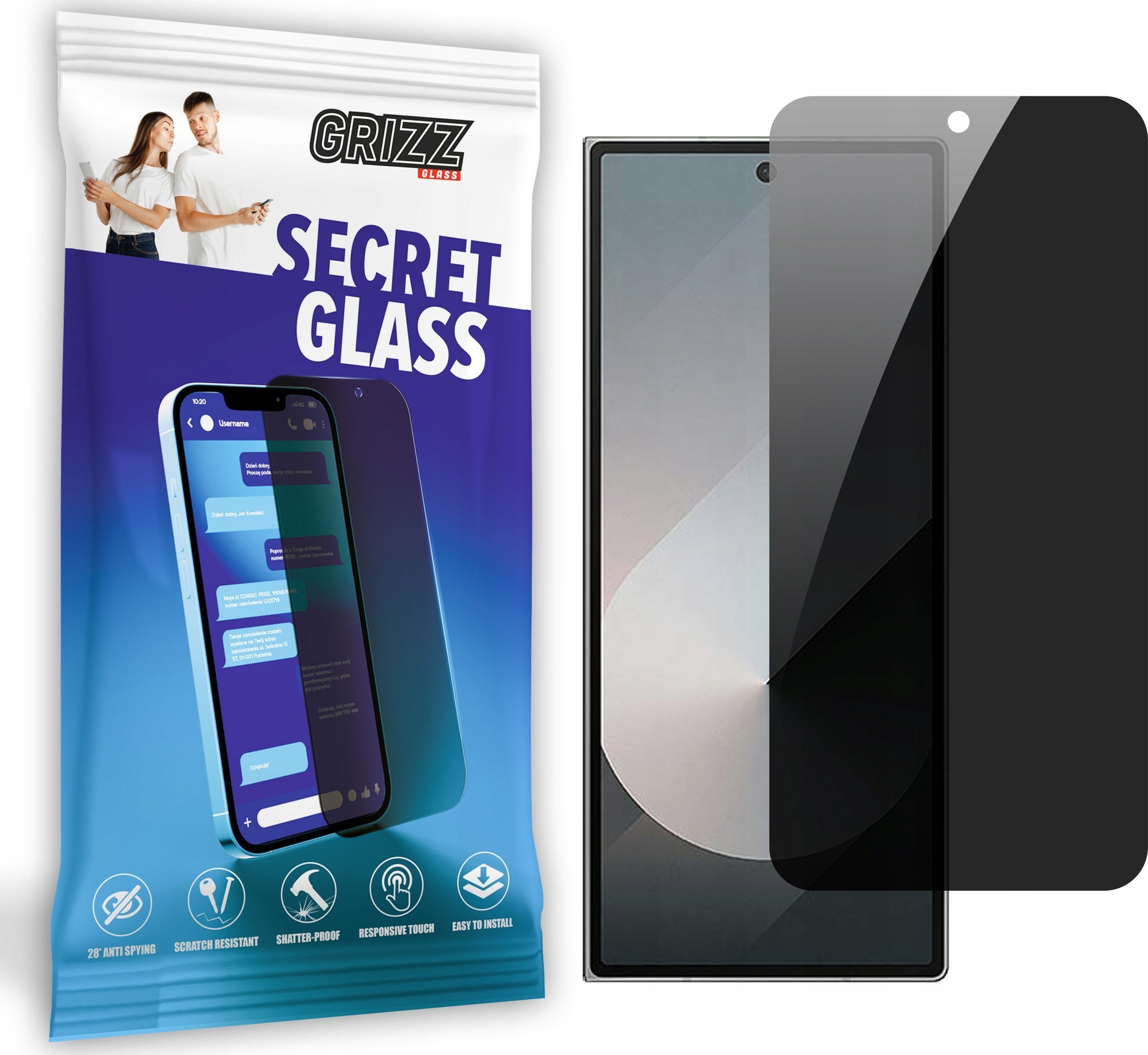 Xham mbrojtës GrizzGlass SecretGlass për Samsung Galaxy Z Fold 6, efekt privatësie, mat, transparent