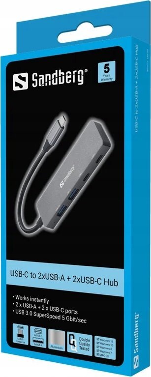 HUB Sandberg USB C, 2x USB A, 2x USB C, gri