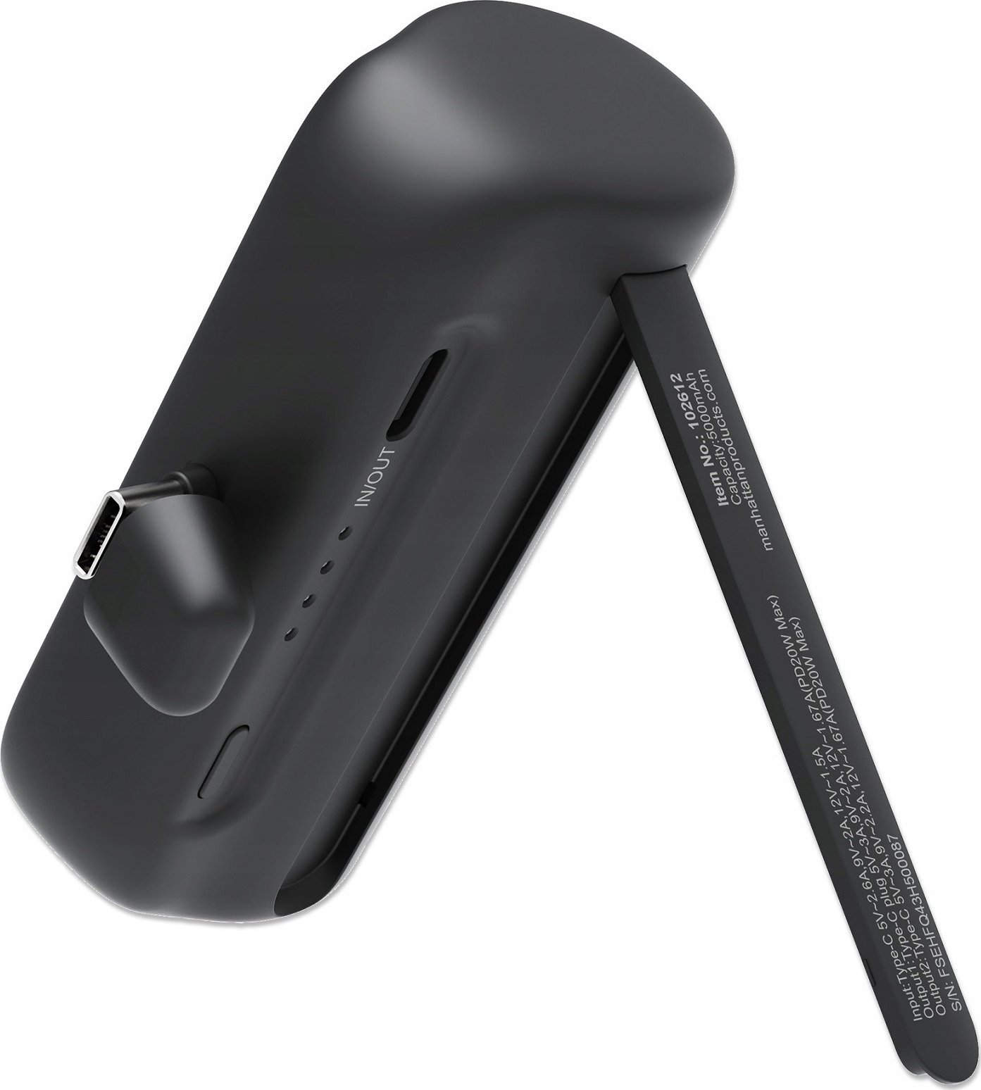 Karikues portativ Manhattan 5000 mAh, prizë USB-C e integruar, 20 W, me mbajtëse, i zi