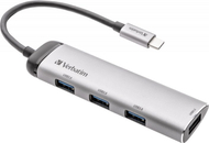 Hub USB C Verbatim Multiport, 4 porta USB 3.2 Gen 1, metalik