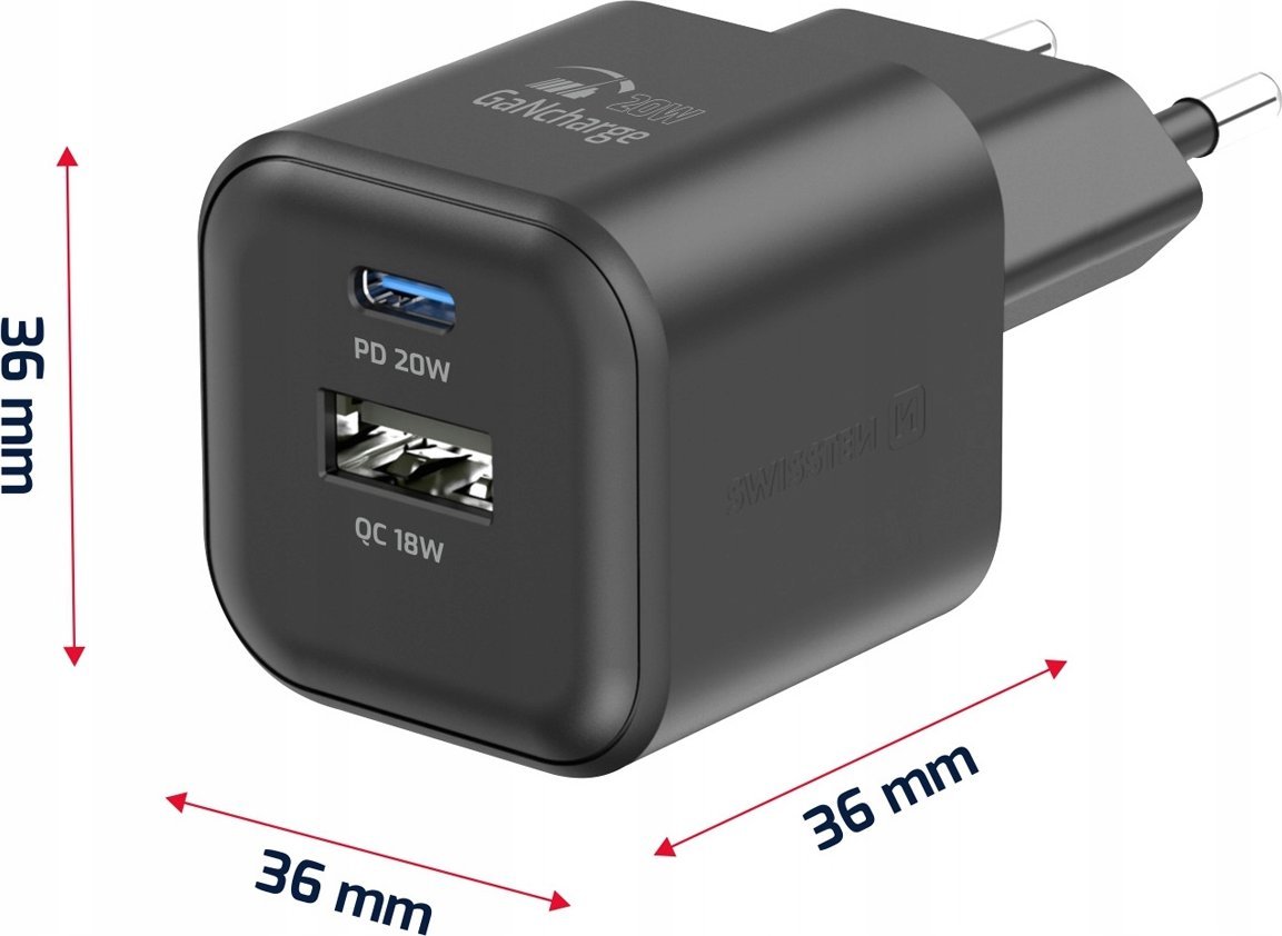 Karikues muri Swissten Power Adapter GaN, 20W PD, QC 18W, i zi