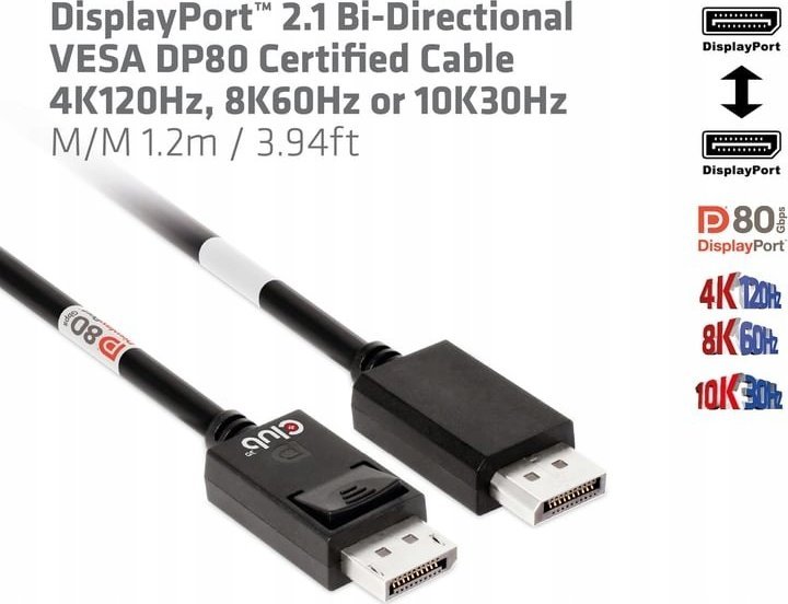 Kabllo DisplayPort Club 3D CAC-1091, DP 2.1, 4K 120Hz 8K 60Hz, 1.2m, e zezë