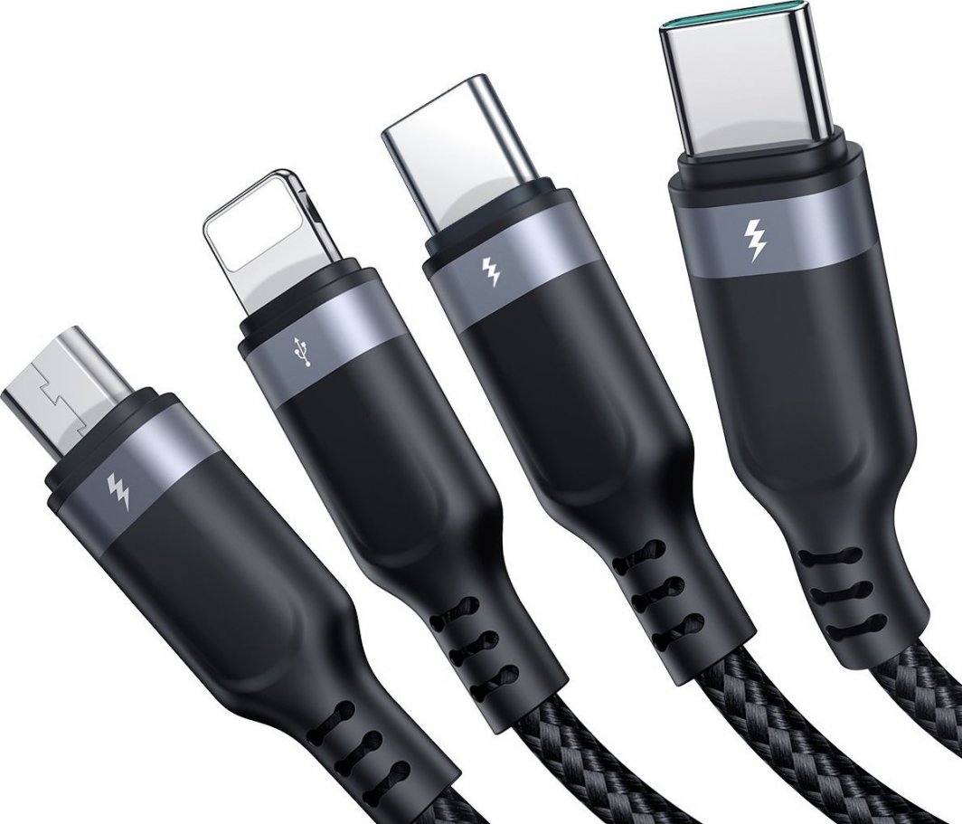 Kabllo USB Joyroom 4in1 JR FC1A1, 1.2m, USB A në Lightning 2x USB C Micro USB, gri