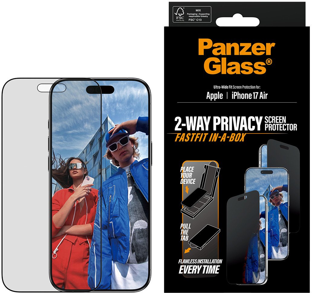 Држач за екран PanzerGlass Privacy, iPhone 17 Air, ultra-wide fit, проѕирен со црна рамка