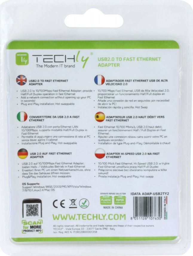 Kartë rrjeti USB Techly IDATA ADAP-USB2TY2, Fast Ethernet 10/100 Mbps, USB 2.0, e bardhë