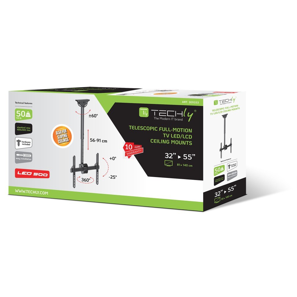 Таванска држачка за ТВ Techly LED LCD 32-55\", ICA CPLB-944S, 50 kg, црна