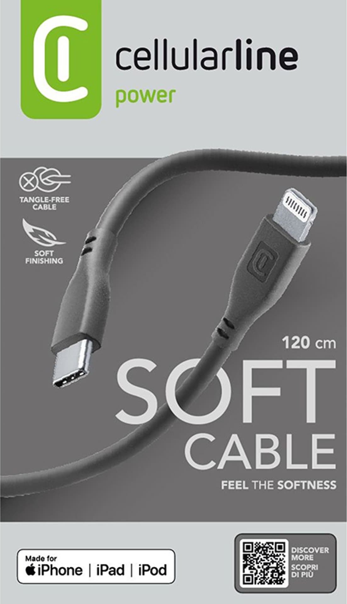 Kabllo karikimi Cellularline Soft, USB C në Lightning, MFi, e zezë