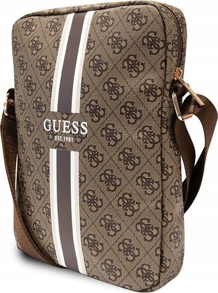 Çantë tablet Guess 4G Stripes, deri 10", material saffiano, kafe