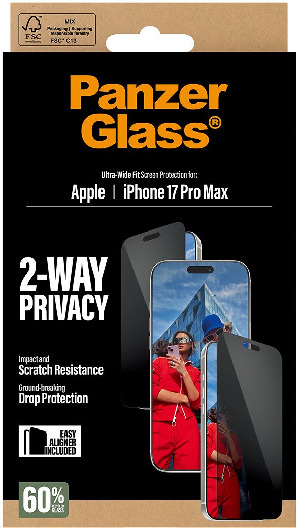 Mbrojtës ekrani PanzerGlass 2 Way Privacy për iPhone 17 Pro Max, Ultra Wide Fit, me EasyAligner, transparent