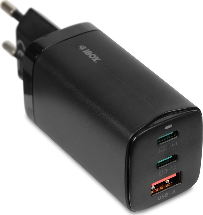 Ѕиден полнач iBOX C-65 GaN, 65W PD, 2x USB-C 1x USB-A, црн
