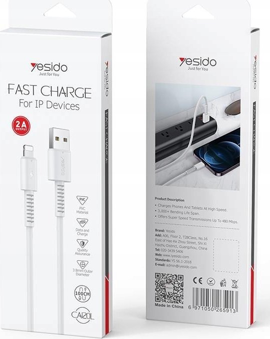 Кабел USB Type C YESIDO CA120C, 1m, 480 Mbps, бел