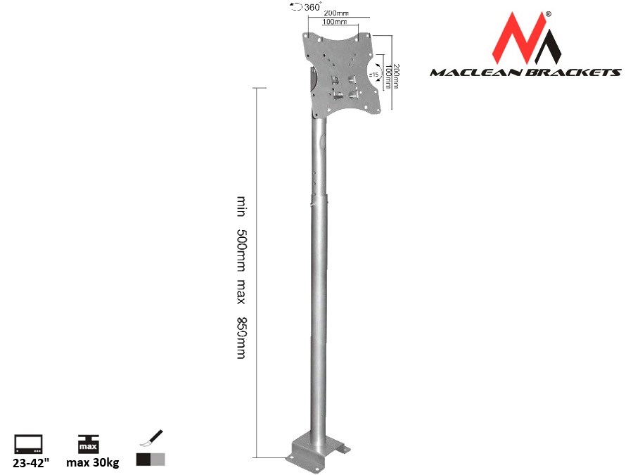 Mbajtëse tavani Maclean MC-504A S, 23-42", 30kg, e argjendtë