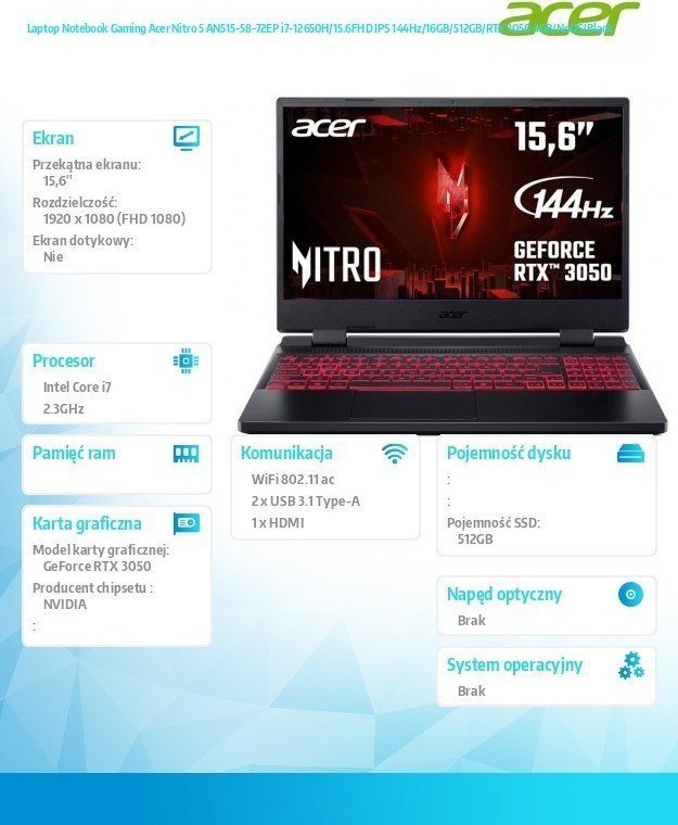 Laptop Acer Nitro 5 AN515-58-72EP, 15.6", Intel Core i7-12650H, 16GB RAM, 512GB SSD, Nvidia RTX 3050 4GB