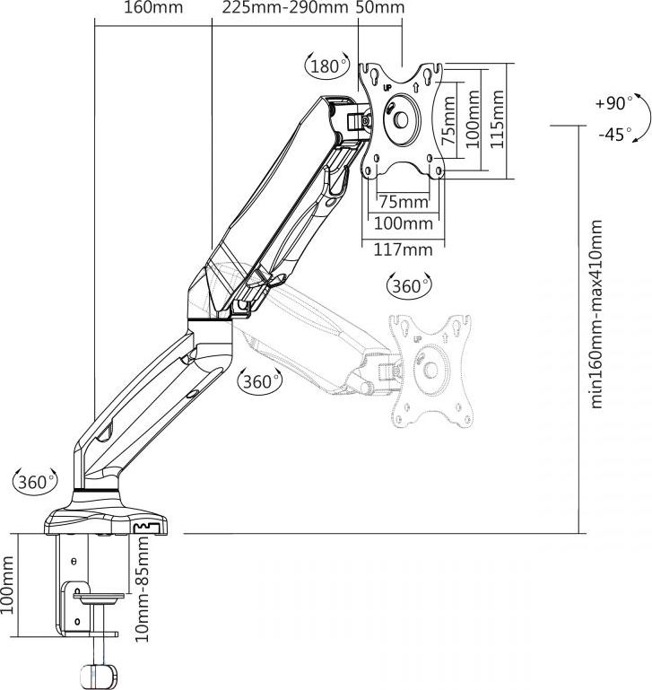 Mbajtëse tavoline për monitor Cabletech UCH0208-1, 13"-27", kapëse metalike, e zezë