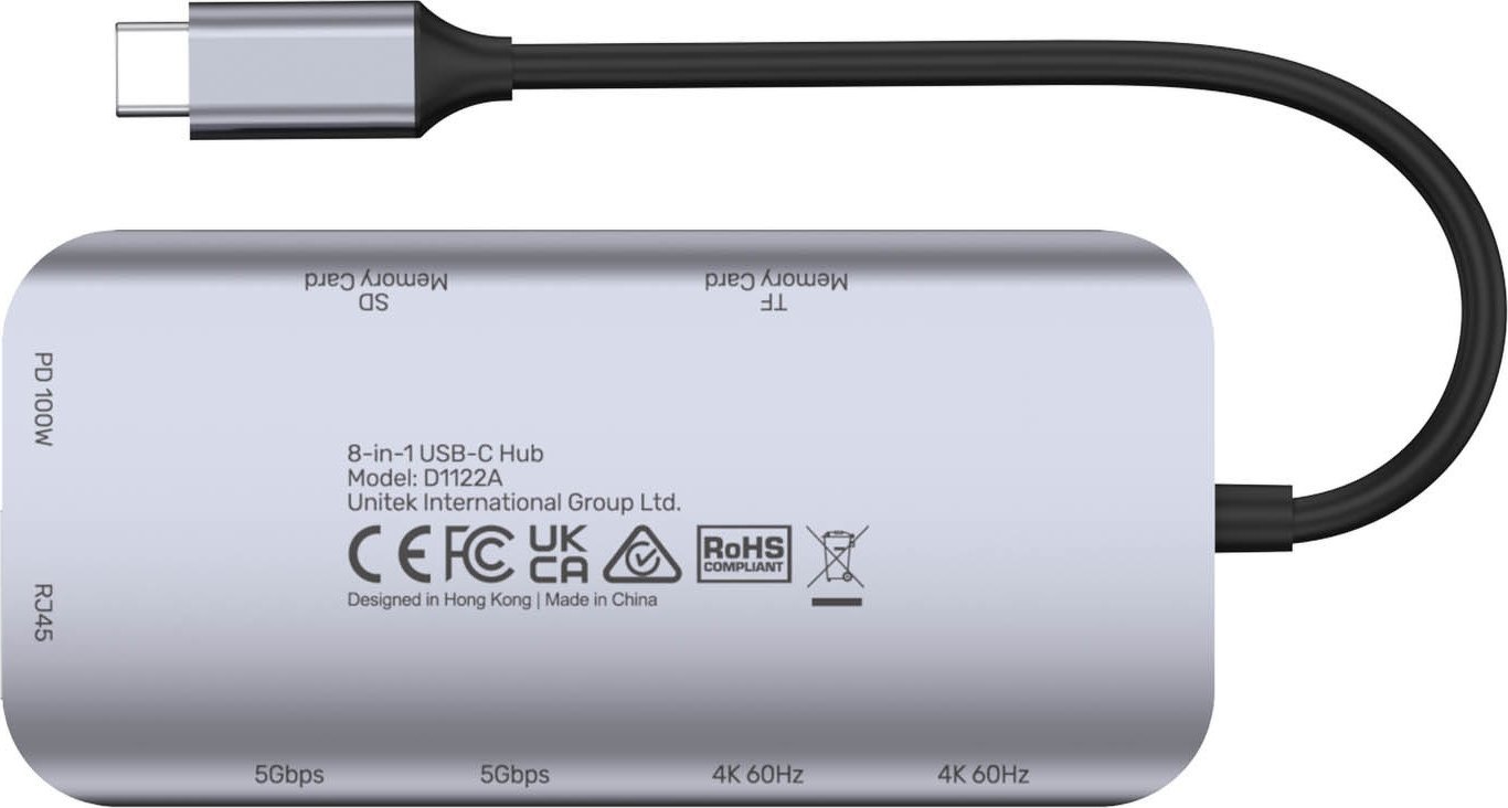 Hub USB C Unitek D1122A01, 2x HDMI 4K, RJ 45, lexues karte SD, PD 100W, gri