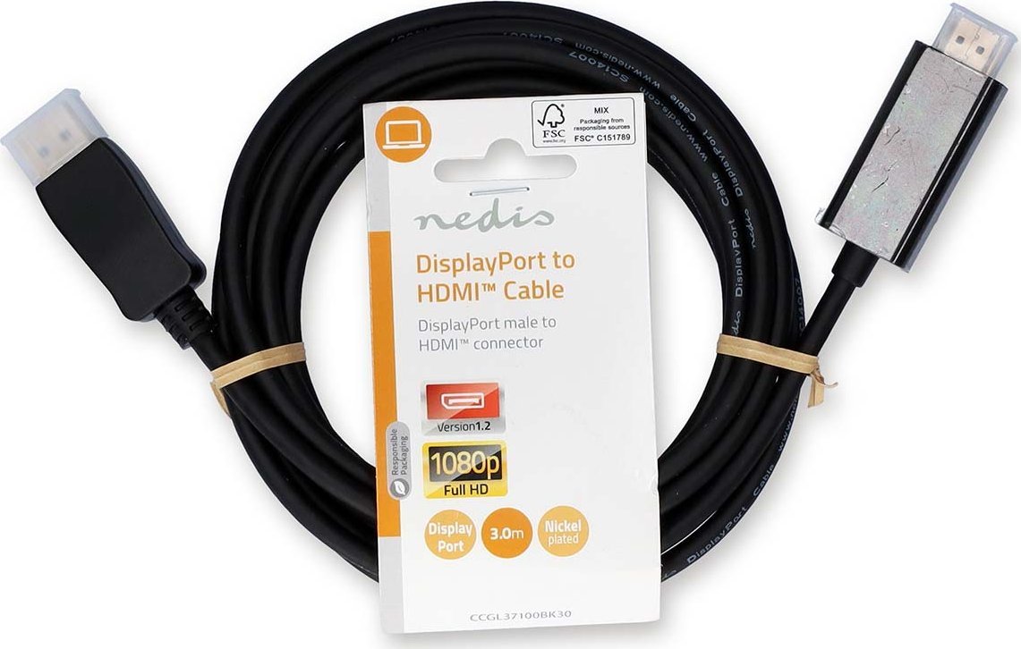 Видео кабел-адаптер Nedis CCGL37100BK30, од HDMI во DisplayPort, 3m, црн