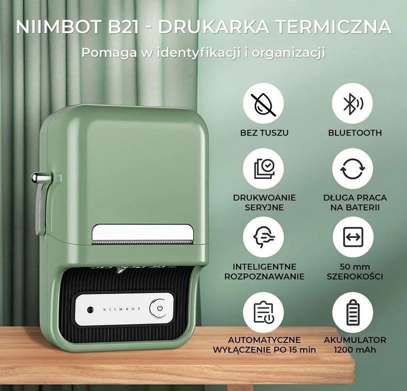 Printer etiketash Niimbot B21 Smart 1AC13032012, 203 dpi, 50 mm, i gjelbër