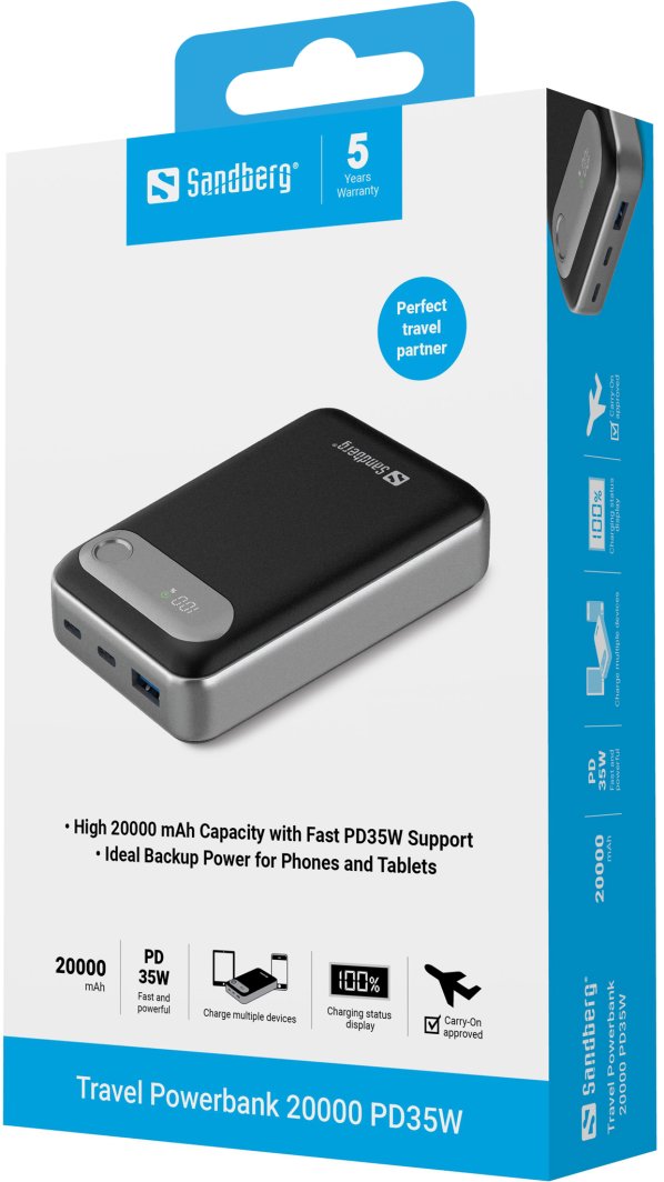 Powerbank Sandberg Travel 421-41, 20000 mAh, PD 35W, 2x USB-C, USB-A, i zi