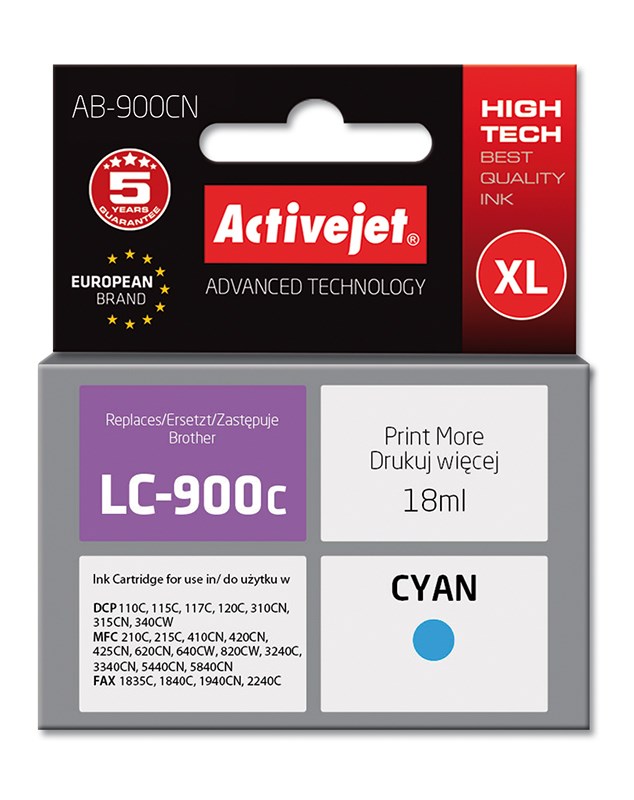 Ngjyrë për printer Activejet AB-900CN (zëvendësim për Brother LC900C), 17.5 ml, e kaltër