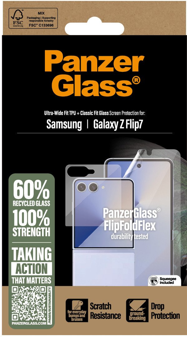 Mbrojtëse ekrani PanzerGlass Samsung Galaxy Z Flip7, xham dhe film, transparente