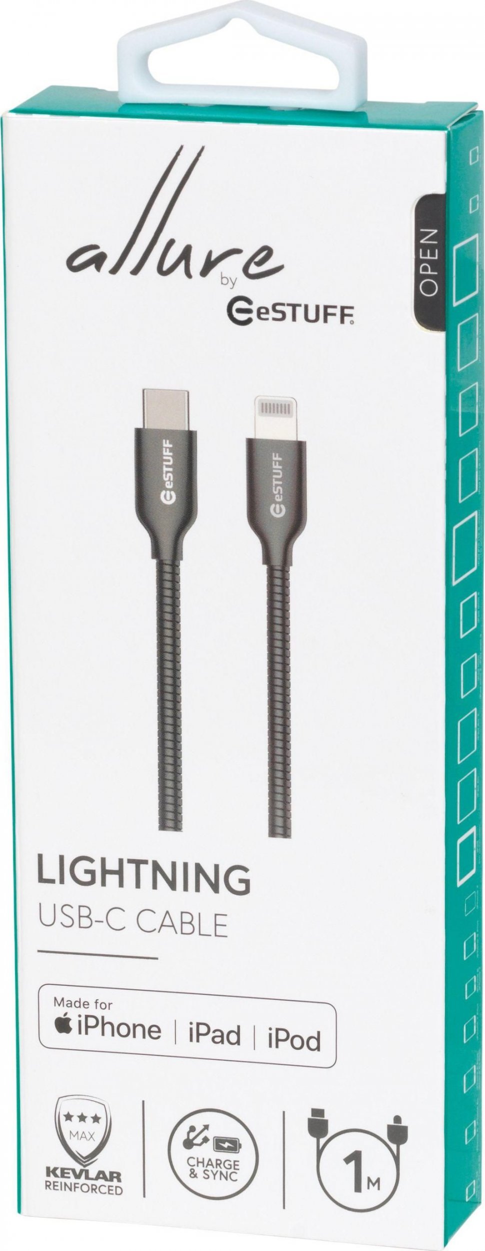 Kabllo Lightning ESTUFF ES602160, 1m, çelik inox, argjendtë