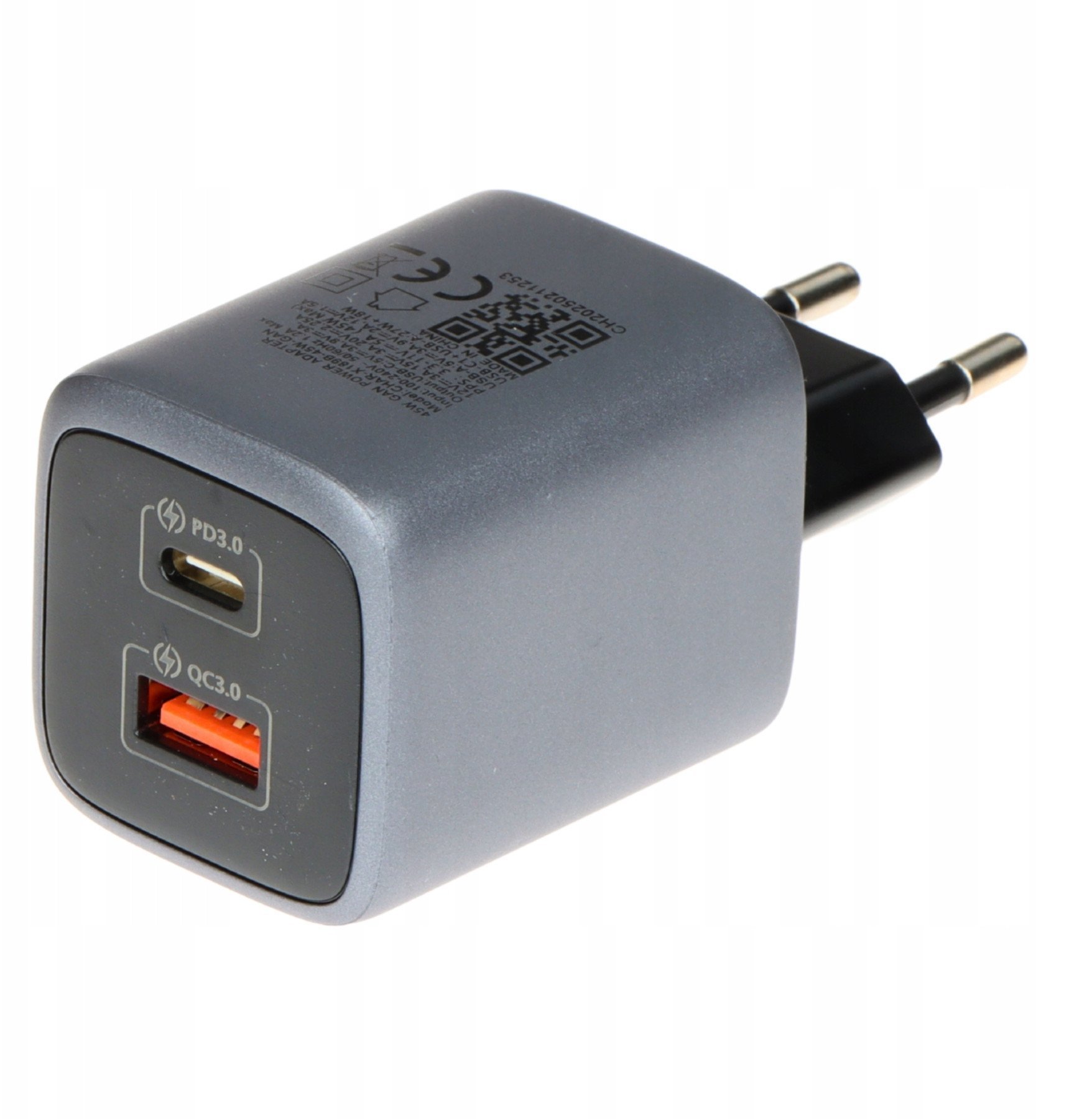 Karikues muri Delta Power CHAR X189B, 45W GaN, USB C PD dhe USB A QC 3.0, gri e zezë