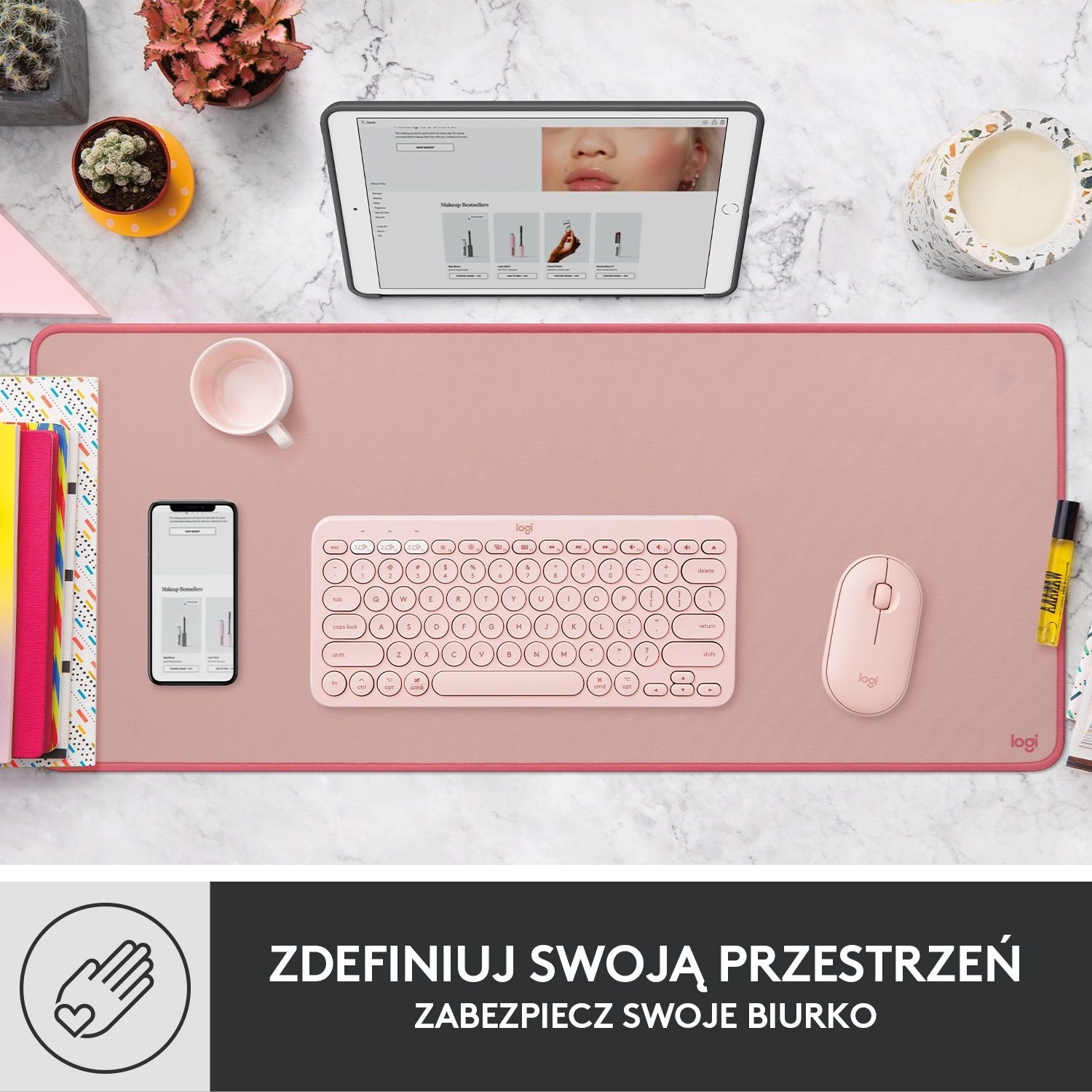 Set aksesorësh Logitech Studio Series Mouse Pad DARKER ROSE dhe Brio 100, mouse pad pëlhure, kamera Full HD, rozë e errët