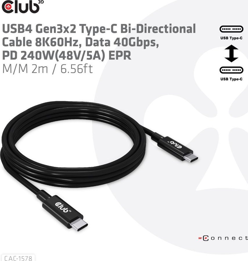 Kabllo USB4 Club 3D CAC-1576, 40 Gbps, PD 240W, 2m, e zezë