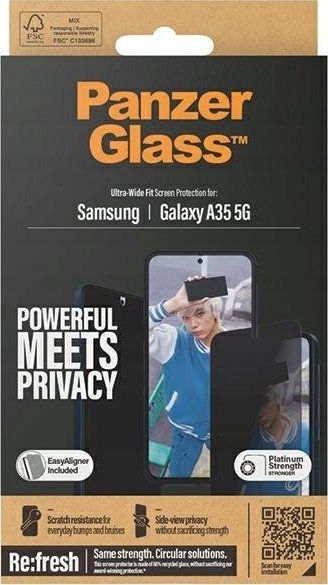 Mbrojtëse ekrani PanzerGlass Ultra Wide Fit Privacy, për Samsung Galaxy A35 5G, xham mbrojtës transparant