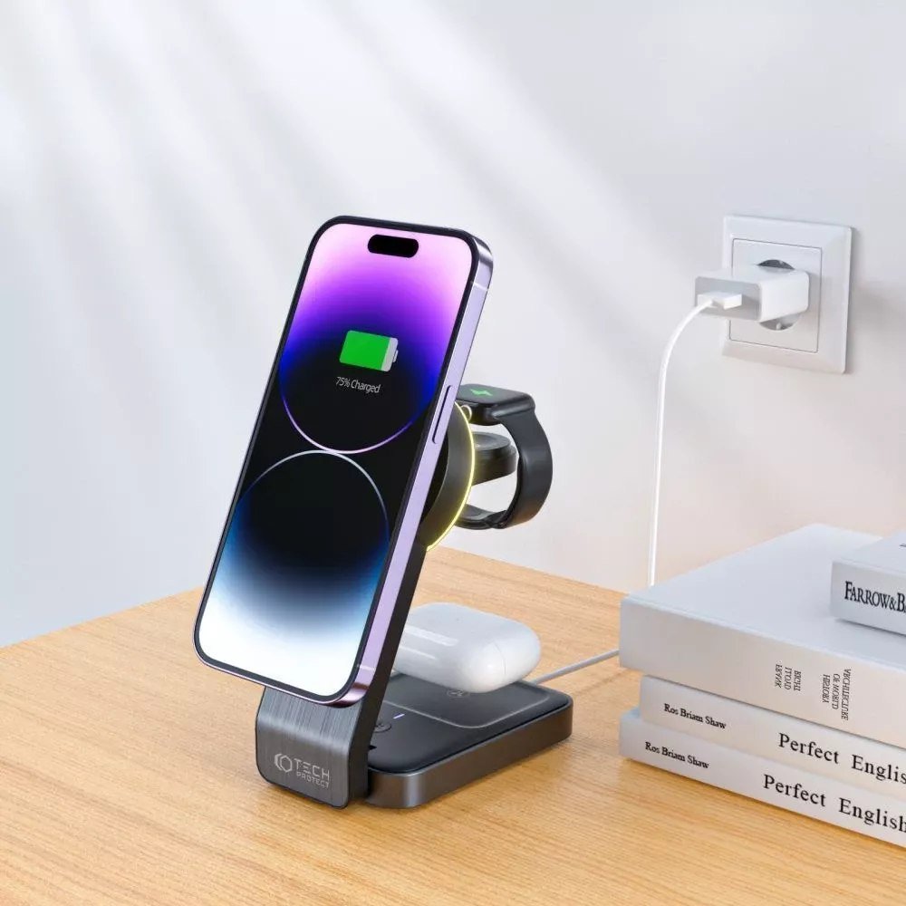 Karikues wireless 3 në 1 MagSafe Qi 15W, për iPhone Apple Watch AirPods, i zi