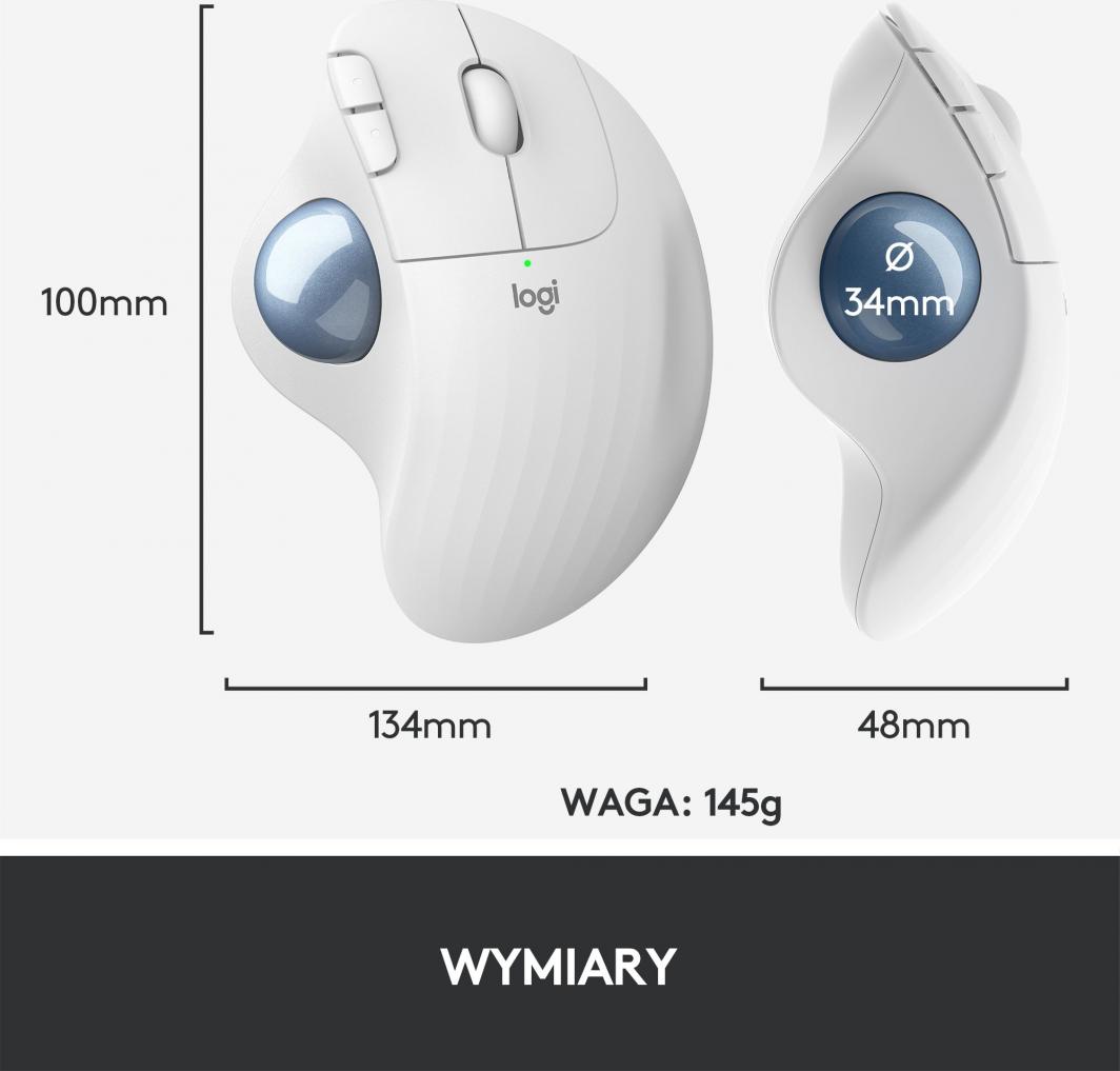 Maus Logitech ERGO, wireless, Bluetooth, USB, i bardhë