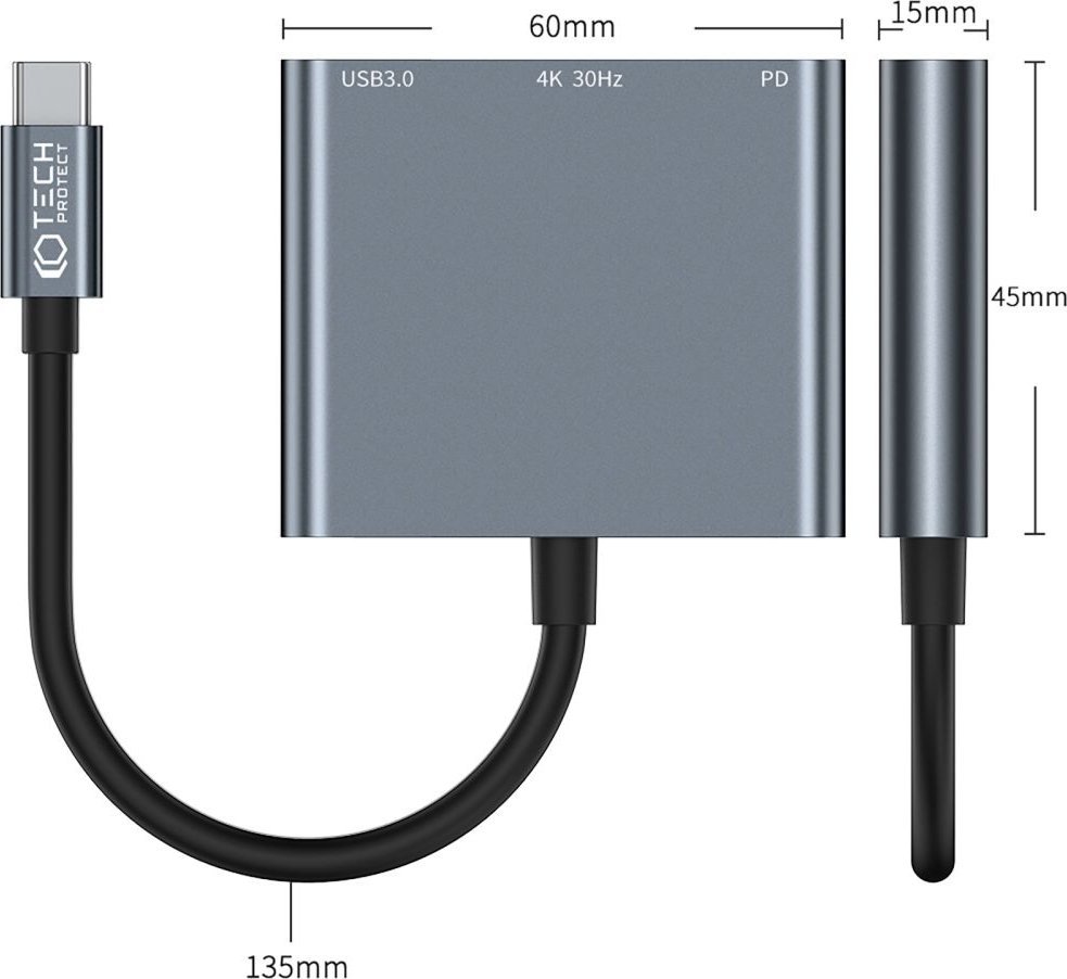 Adapter USB C Tech-Protect V1-HUB, 3 në 1, HDMI 4K, gri