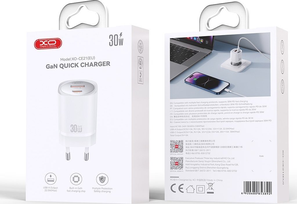 Karikues rrjeti XO CE21, 33W PD, 1x USB C 1x USB A, i bardhë