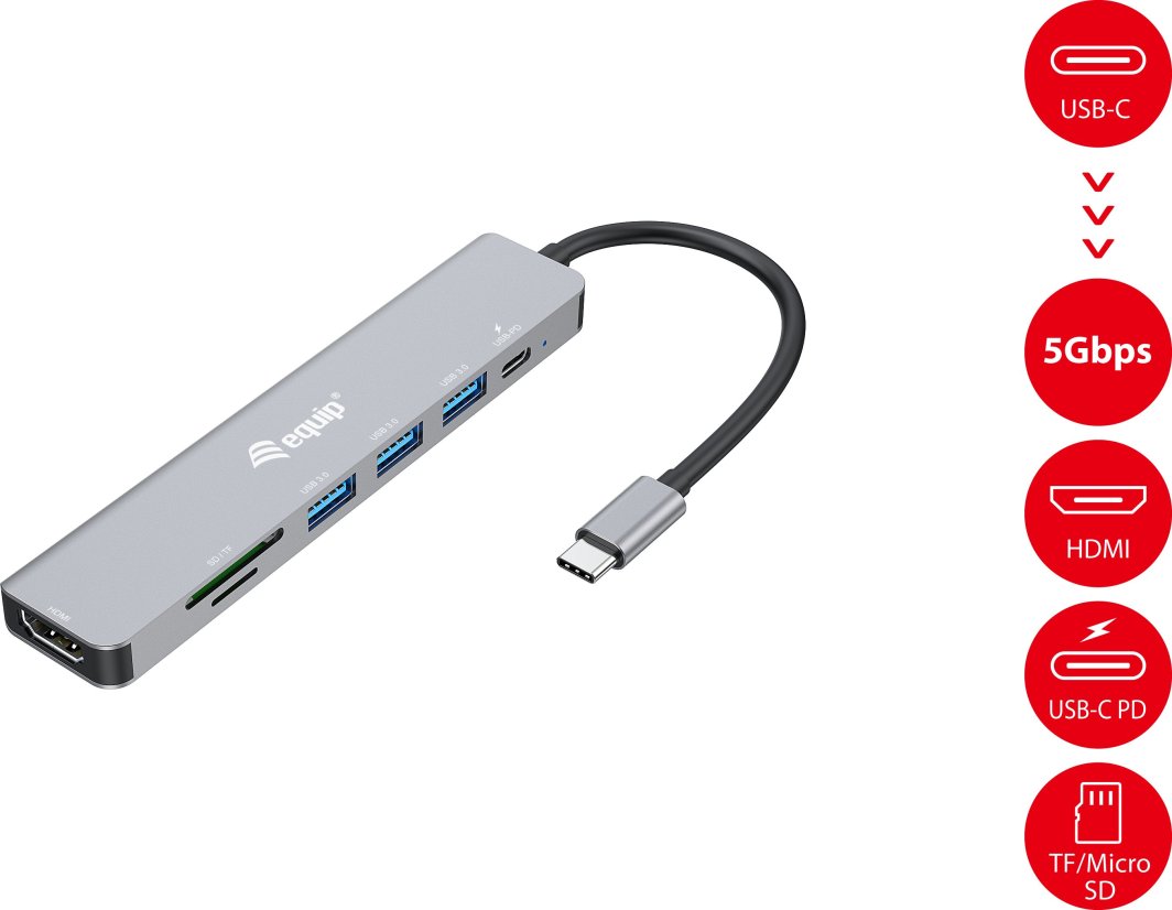 Adaptues USB C LevelOne Equip 133494, 7 në 1, multifunksional, gri