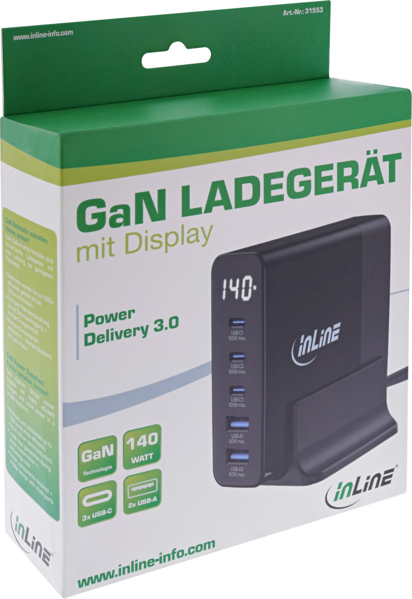 Karikues GaN InLine USB PD, 5 porta, 140W, me ekran