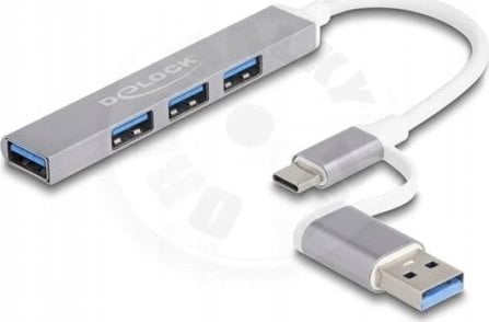 Hub USB DeLOCK 64214, 4 porta USB 3.2 Gen 1, Type C dhe Type A, metalik