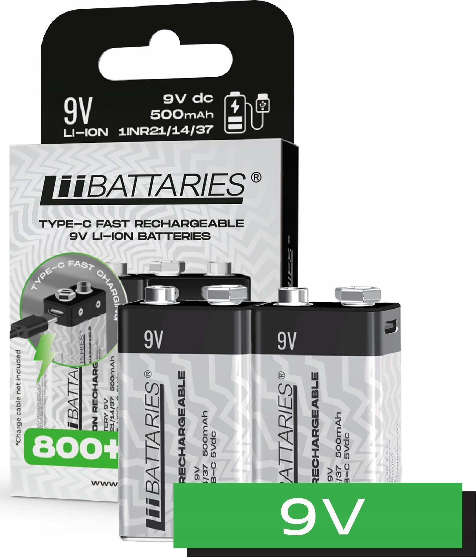 Bateri rikarikueshme LiiBattaries Powerful, 9V, 500mAh, USB C, set 2 copë
