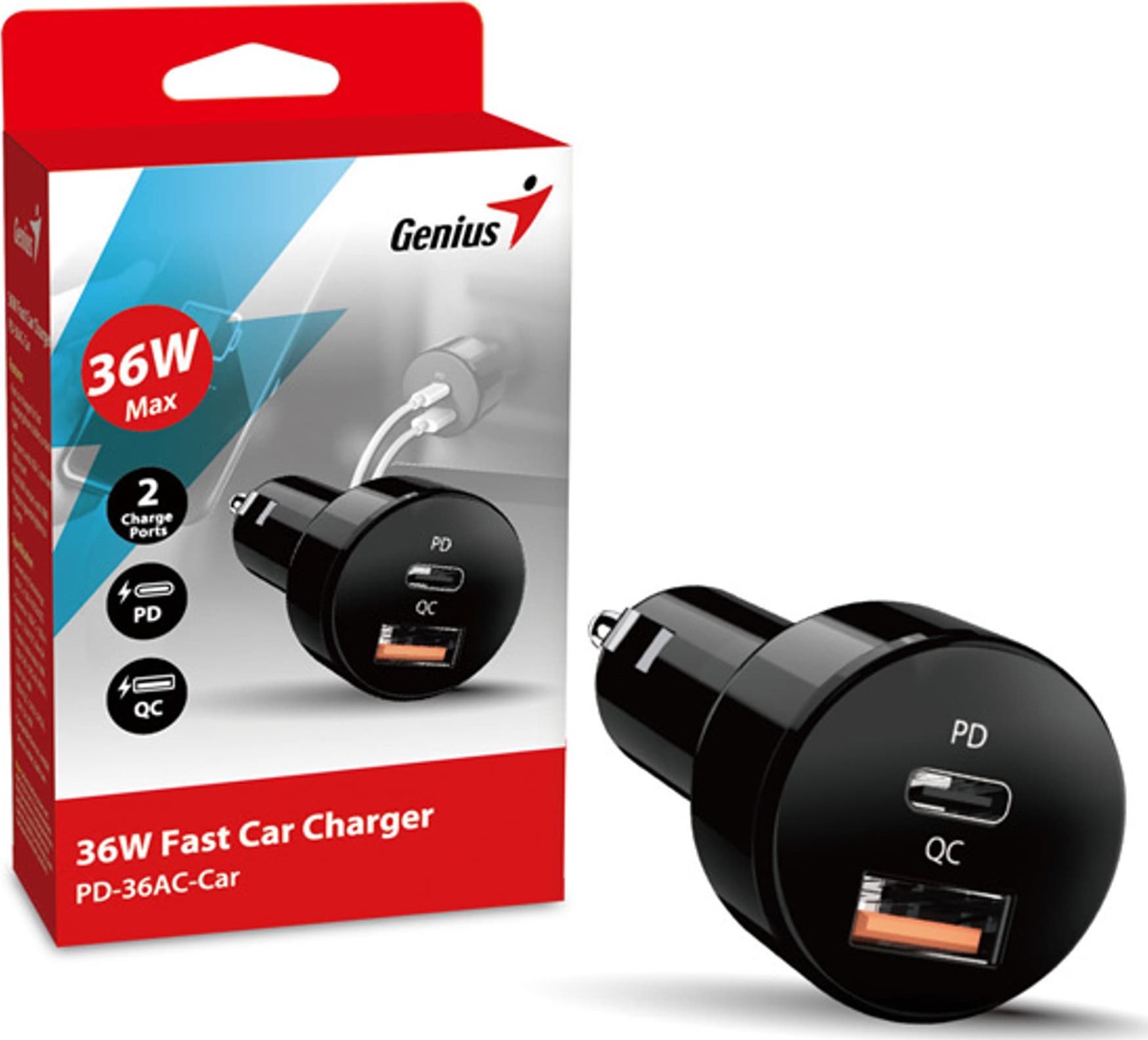 Karikues veture Genius PD-36AC-Car, 36W, USB-C dhe USB-A, i zi