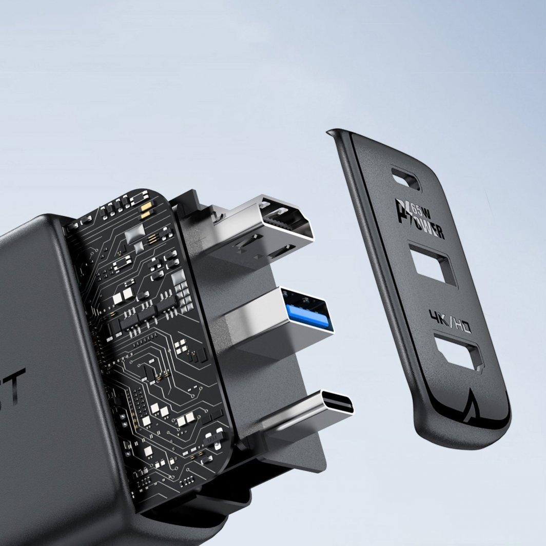 Karikues Acefast 2in1 GaN, 65W, USB A dhe USB C, gri